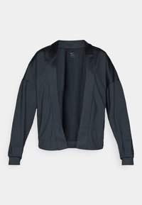 Juoda Nike striukė su atvira priekine dalimi, ilgomis rankovėmis ir briaunuotomis rankogaliais. Pagaminta iš lygaus, lengvo audinio, minimalistinio dizaino, be jokių užsegimų.