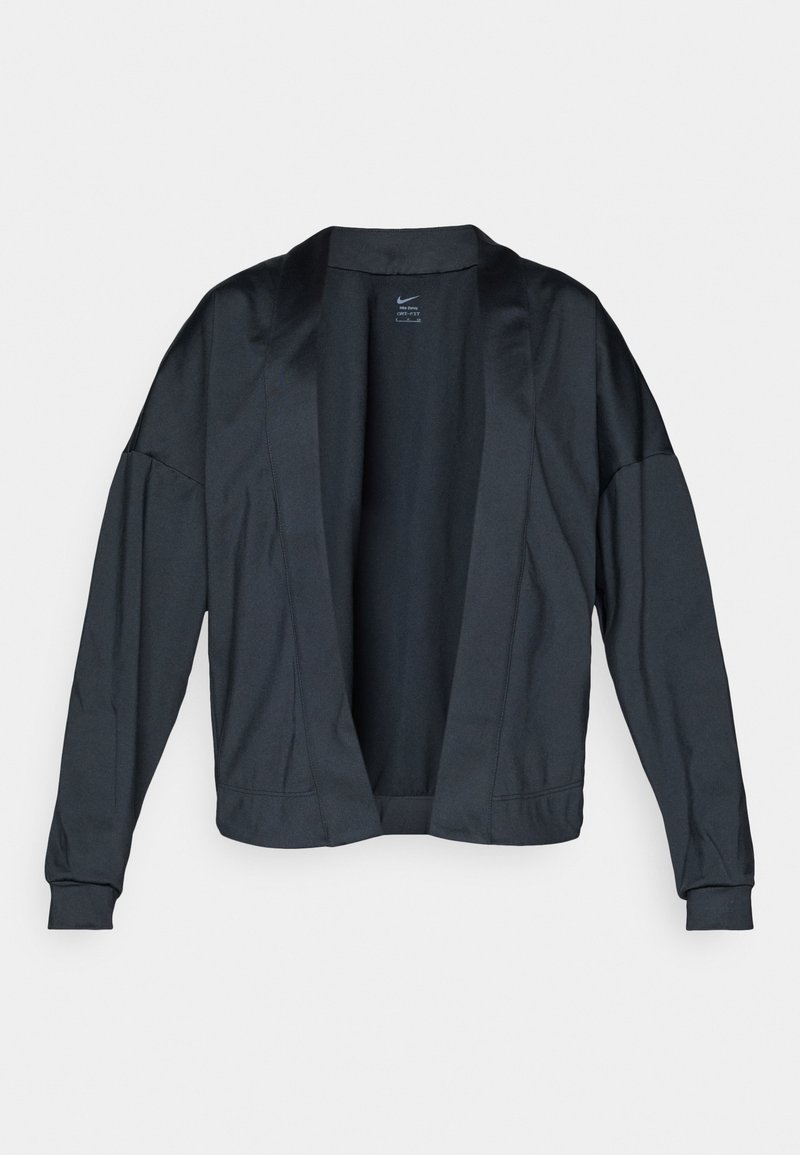 Zwarte Nike-jas met een open voorkant, lange mouwen en geribbelde manchetten. Beschikt over een gladde, lichte stof en een minimalistisch ontwerp zonder sluitingen.