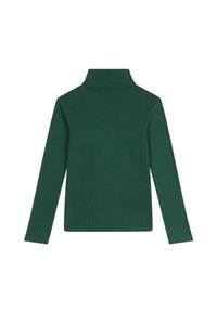 Dunkelgrüner Rollkragenpullover aus Baumwollmischung mit langen Ärmeln und eng anliegendem Schnitt. Glatte Textur, minimale Details und keine Muster.