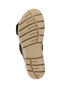 Sole di sandal nero con una parte inferiore in gomma chiara e texturizzata, dotata di scanalature per la presa, contrassegnata con la taglia 38 e il marchio.