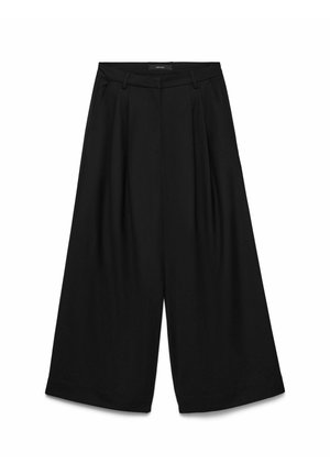 Pantalon large noir taille haute avec passants de ceinture, plis sur le devant et fermeture avant dissimulée.