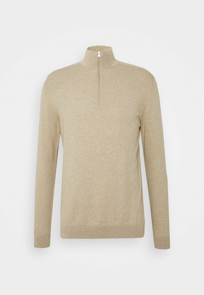 Pull beige à manches longues avec un col demi-fermeture éclair, poignets et ourlet côtelés, présenté sur un fond blanc uni.