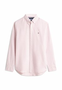 Camicia a maniche lunghe a righe in rosa chiaro e bianco, con collo button-down, bottoni frontali e un piccolo logo sul petto a sinistra.