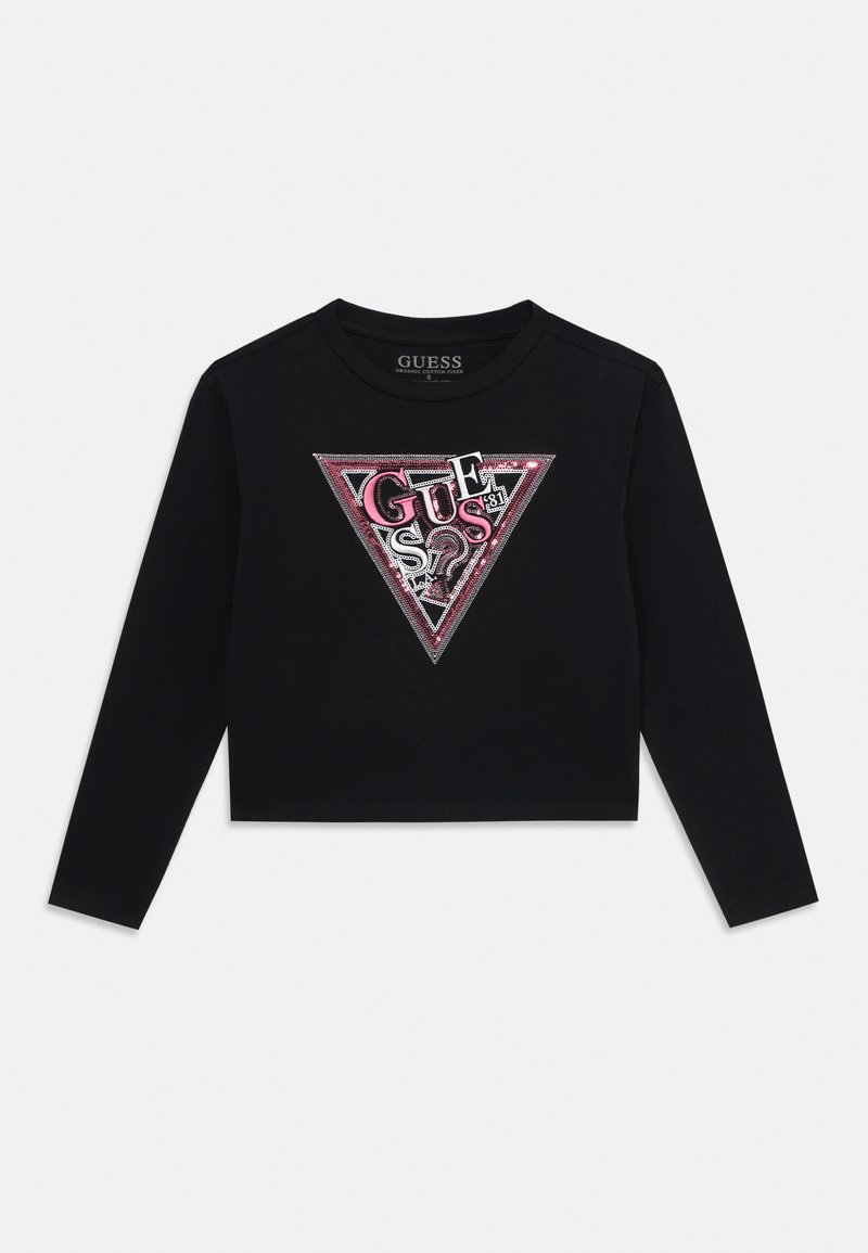 Fekete, rövidített kapucnis pulóver, középen háromszög alakú grafikai dizájnnal, színes betűkkel és díszítésekkel. Hosszú ujjú.