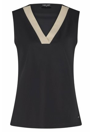 Zwarte mouwloze top met een V-hals en beige accent. Gemaakt van soepele stof, heeft een lichte flare naar de zoom en een logo-label.