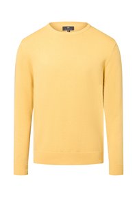 Langärmliger Rundhalsausschnitt-Pullover in einfarbigem blassgelb mit gerippten Bündchen und Saum, auf einem weißen Hintergrund präsentiert.