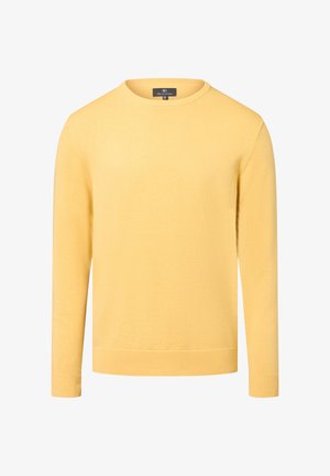 Pull à col rond à manches longues en jaune pâle uni avec des poignets et un ourlet côtelés, présenté sur un fond blanc.