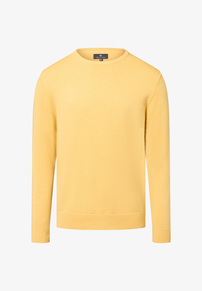 Długi rękaw sweter z okrągłym dekoltem w jednolitym jasnym żółtym kolorze, z prążkowanymi mankietami i dołem, wyeksponowany na białym tle.