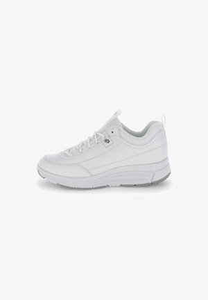White athletic shoe with synthetic upper, padded collar, and textured outsole. Features lace-up design and minimal stitching accents.