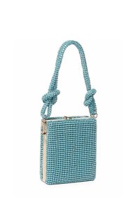 Borsa a mano in turchese con perline, di forma quadrata, caratterizzata da un manico annodato e accenti in hardware dorato. La superficie è liscia e lucida.