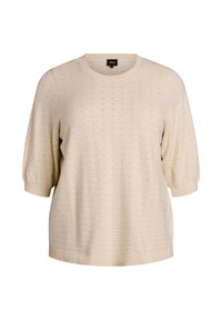 Jersey beige de punto con cuello redondo, mangas cortas abullonadas y un patrón texturizado sutil; puños y bajo acanalados.