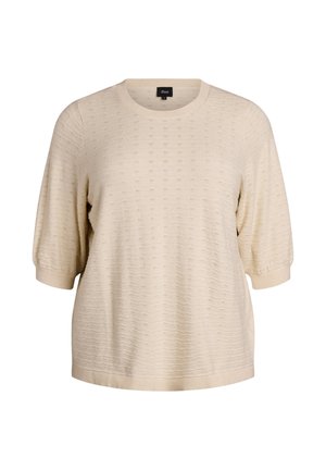 Beige strikket sweater med rund hals, korte puffede ærmer og subtilt tekstureret mønster; ribkanter ved ærmer og bund.