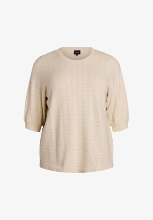 Beige strikket sweater med rund hals, korte puffede ærmer og subtilt tekstureret mønster; ribkanter ved ærmer og bund.