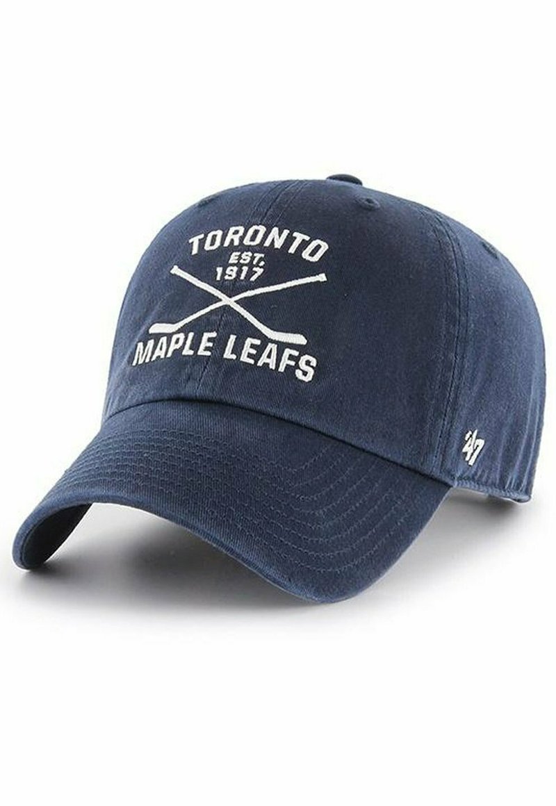 Marineblaue Baseballmütze aus Baumwolle mit weißem "Toronto Maple Leafs"-Text und gekreuzten Hockeyschlägern; verstellbarer Riemen auf der Rückseite.
