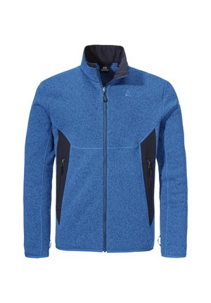 Herren Fleecejacke in Blau mit Stehkragen, marineblauen Seitenteilen, Reißverschlusstaschen vorne und einer weichen Textur. Mit einem Logo auf der Brust.