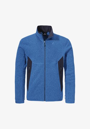 Herren Fleecejacke in Blau mit Stehkragen, marineblauen Seitenteilen, Reißverschlusstaschen vorne und einer weichen Textur. Mit einem Logo auf der Brust.
