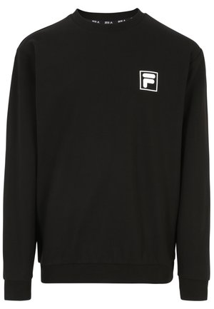 Sort sweatshirt lavet af bomuld med lange ærmer, rund hals, ribstrikkede manchetter og et hvidt logo på brystet inde i en firkantet ramme.
