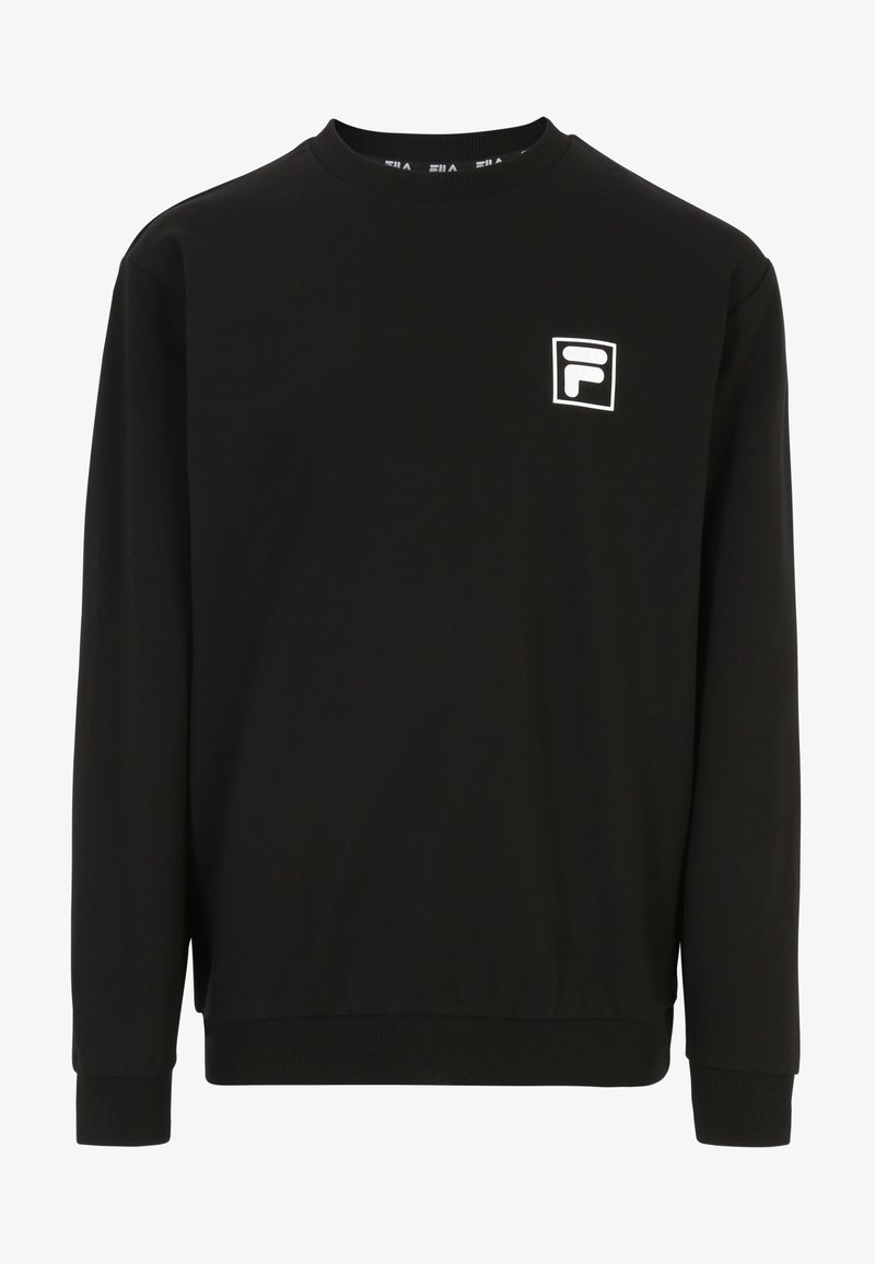 Sweat-shirt noir en coton avec manches longues, col ras du cou, poignets côtelés et un logo blanc sur la poitrine encadré d'un carré.