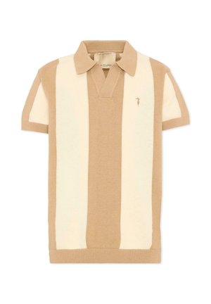 Polo en maille à manches courtes rayé vertical beige et écru, avec col et poignets côtelés, et un petit logo brodé sur la poitrine gauche.