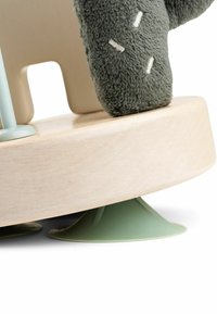 Houten basis met een grijze, gestructureerde stoffen element en een groene zuignap aan de onderkant voor stabiliteit op gladde oppervlakken.