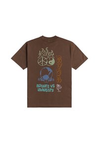 Brown short-sleeve t-shirt featuring colorful graphic designs, including flames and yin-yang symbols, with text "nature vs industry."