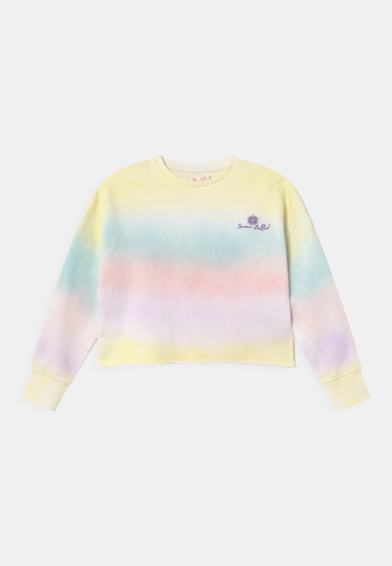 Sweatshirt court à manches longues avec des rayures tie-dye pastel jaune, bleu, rose et violet, et un petit motif de soleil violet sur la poitrine.