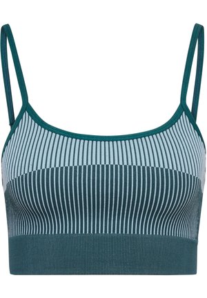 Teal och ljusblå randig bralette med smala band, ett heltäckande mörk teal band och ett mjukt, strukturerat stretchmaterial.