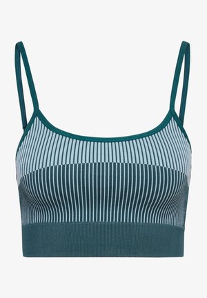 Teal och ljusblå randig bralette med smala band, ett heltäckande mörk teal band och ett mjukt, strukturerat stretchmaterial.