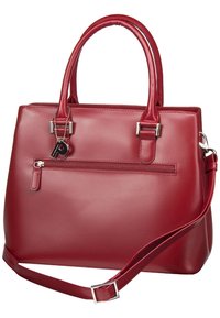 Rode leren handtas met dubbele bovenhandgrepen, afneembare schouderriem, een ritssluiting aan de achterkant en zilverkleurige hardware accenten.