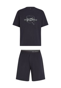 Tamno plava pamučna majica kratkih rukava i odgovarajuće šorts hlače s grafičkim printom siluete lica i nazivom brenda na prsima.