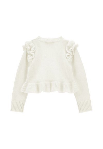 Maglione bianco lavorato a maglia con dettagli arruffati sulle spalle, polsini a coste e orlo frill. Texture liscia, design leggero.
