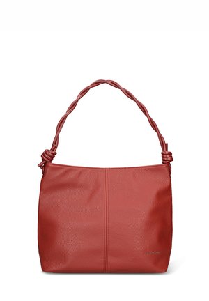 Rote Lederhandtasche mit strukturierter Oberfläche, ausgestattet mit einem verdrehten Griff und einem geknoteten Akzent an den Befestigungspunkten.