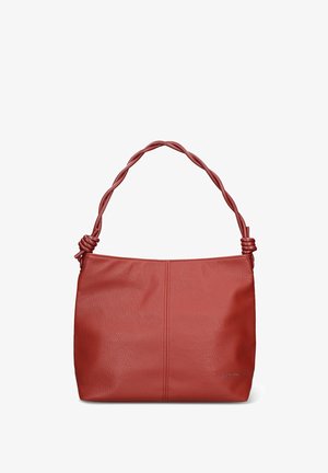 Sac à main en cuir rouge avec une surface texturée, doté d'une poignée torsadée et d'un accent noué aux points d'attache.
