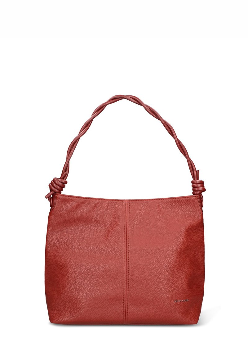 Borsa a mano in pelle rossa con superficie testurizzata, con manico intrecciato e dettaglio annodato nei punti di ancoraggio.