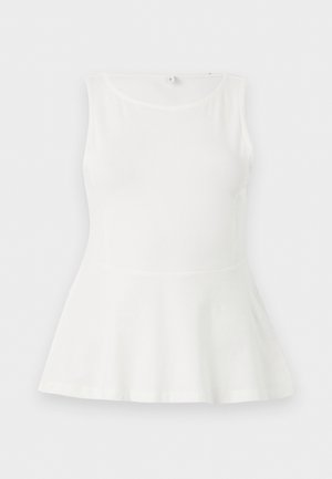 Top blanco sin mangas con peplum, cuello redondo y cintura ajustada, presentado plano sobre un fondo blanco liso.