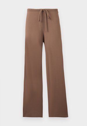 Pantalon marron à jambes larges avec taille à cordon, sans motifs ni logos visibles, présenté à plat sur un fond clair.