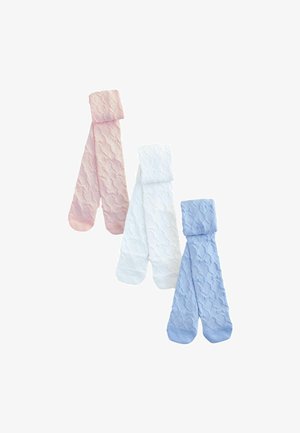 Tres pares de medias con textura en rosa, blanco y azul claro, dispuestos uno al lado del otro sobre un fondo blanco.