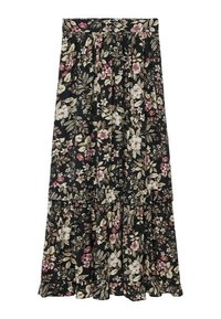 Jupe longue fleurie en tissu noir ornée de grandes fleurs crème et roses, design à volants superposés et ourlet à volants pour une texture supplémentaire.