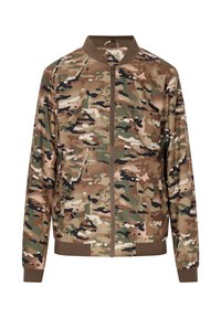 Kamerové bomber jacket vyrobené z hladké tkaniny. Má přední zip, ribrové manžety a lem, s kombinací zelených, hnědých a černých vzorů.
