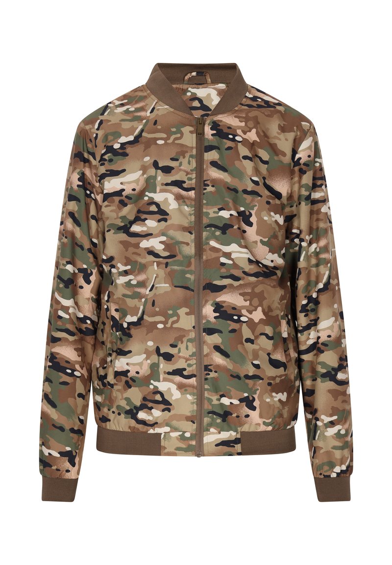 Kamerové bomber jacket vyrobené z hladké tkaniny. Má přední zip, ribrové manžety a lem, s kombinací zelených, hnědých a černých vzorů.