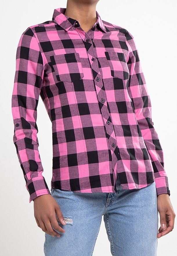 Pink and black plaid button-up shirt with a collar and two chest pockets; long sleeves with buttoned cuffs; soft fabric texture.