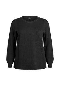 Schwarzer strukturierter Pullover mit rundem Ausschnitt, langen Ärmeln und gerippten Bündchen und Saum. Besitzt ein Wabenmuster über die gesamte Oberfläche.