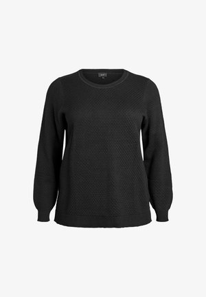 Svart texturerad tröja med rund halsringning, långa ärmar och ribbade muddar och nederkant. Har ett bikake-mönster över hela ytan.