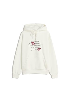 Felpa bianca con tasca frontale, cappuccio con cordino e testo stampato con impronte di labbra rosse, caratterizzata da una texture morbida e una vestibilità morbida.