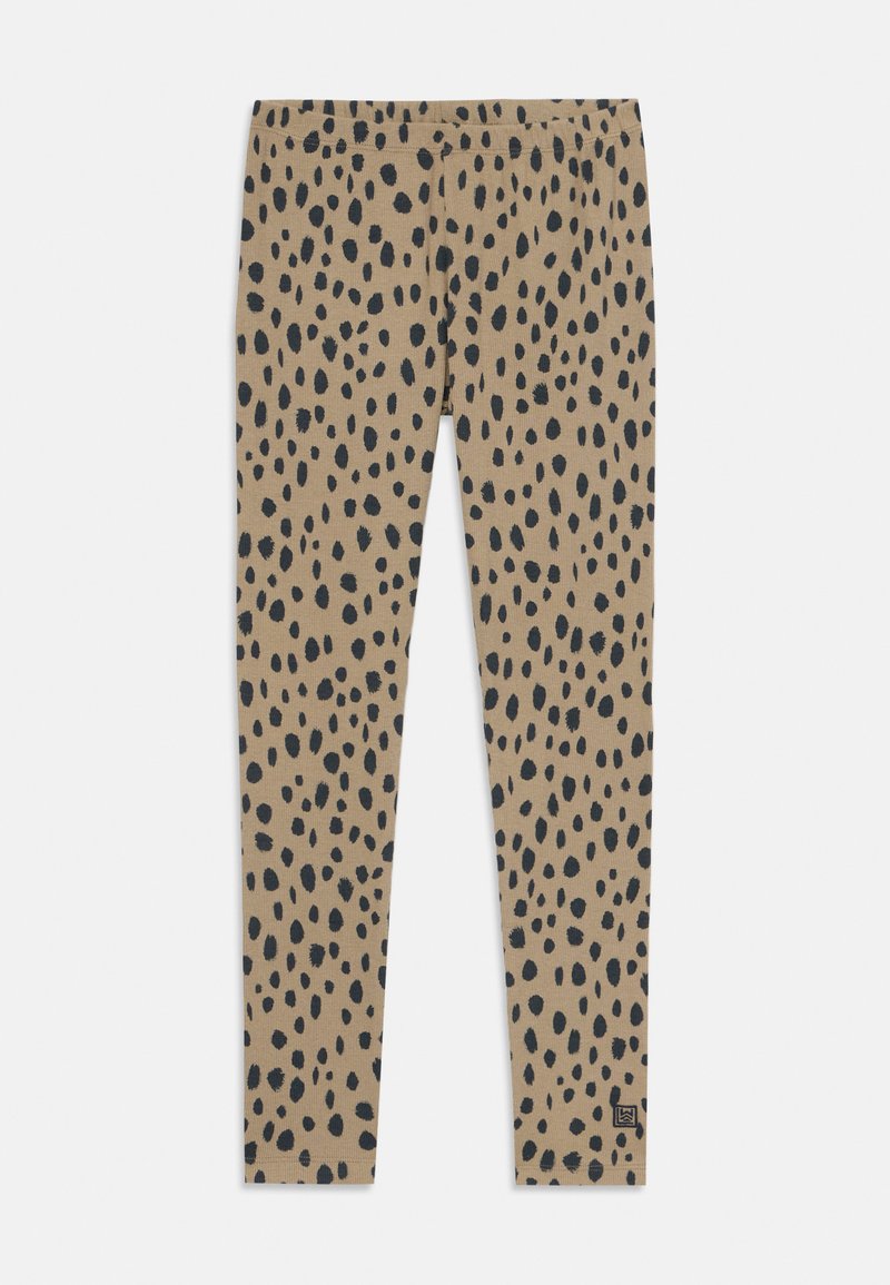 Legginsy w panterkę w beżowym materiale z czarnymi plamami, z elastycznym pasem i dopasowanym krojem. Miękka tekstura na całej powierzchni.