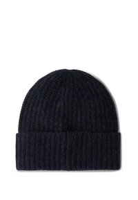 Marineblauwe gebreide beanie gemaakt van gestructureerde wol, met een ribbelontwerp en een omgeslagen rand voor extra warmte en stijl.