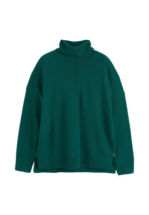 Groene coltrui gemaakt van zacht materiaal, met een relaxte pasvorm, verlaagde schouders en zijslits; minimalistisch ontwerp zonder patronen.