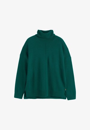 Groene coltrui gemaakt van zacht materiaal, met een relaxte pasvorm, verlaagde schouders en zijslits; minimalistisch ontwerp zonder patronen.