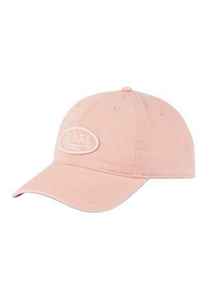 Casquette de baseball en coton rose avec une visière incurvée, une sangle ajustable et un logo brodé blanc sur le devant.
