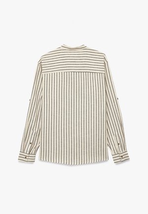 Gestreiftes langärmliges Hemd in Beige und Marineblau. Verfügt über ein Schulterdesign, Knopfmanschetten und vertikale Streifen, mit einer lockeren Passform.